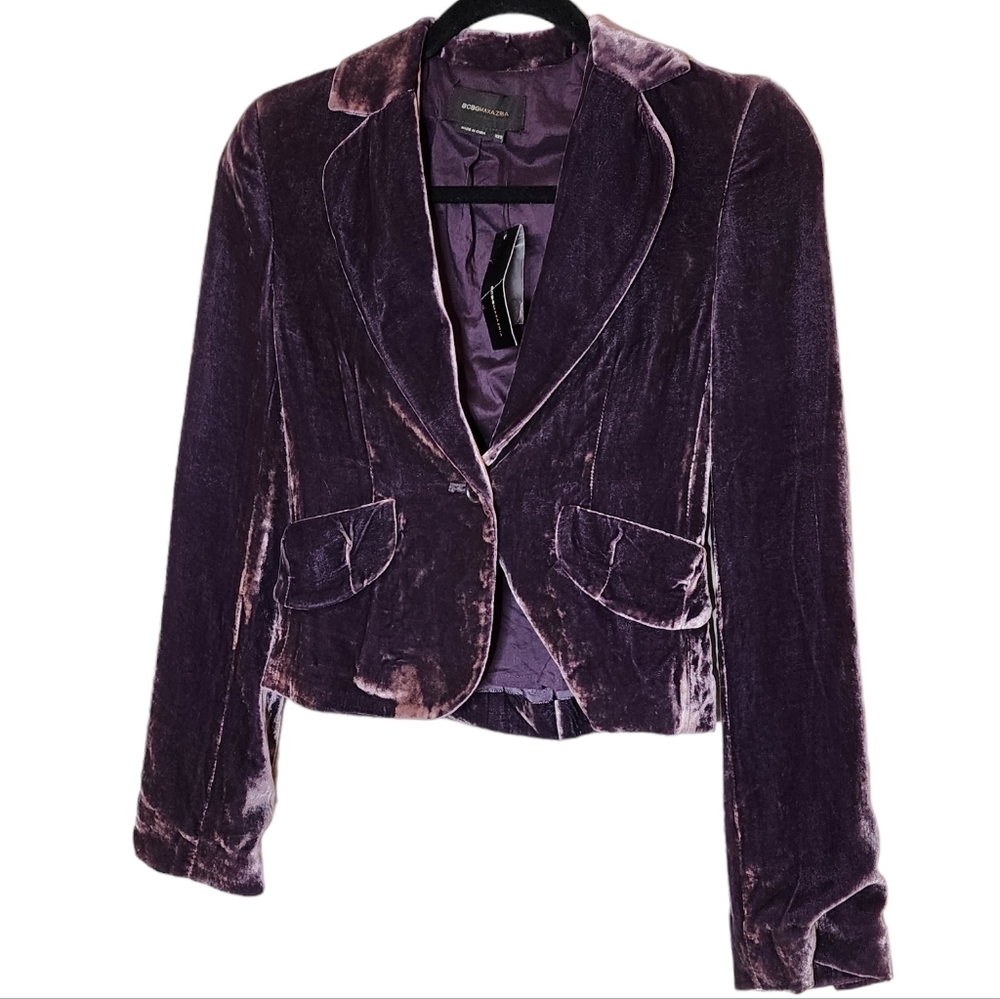 NWT BCBGMAXAZRIA Silk-Blend Purple Velvet Blazer Jacket Size XXS